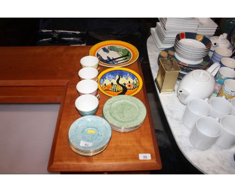 A Royal Albert part tea service and two Clarice Cliff style plates