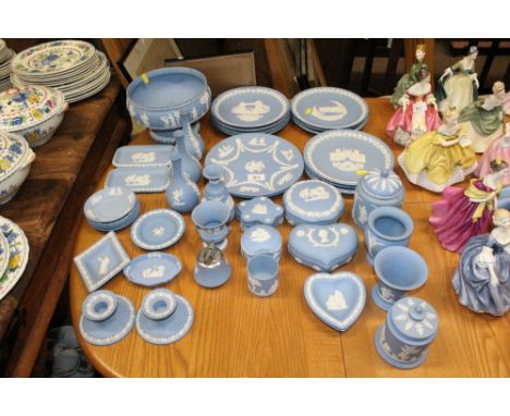 A quantity of various Wedgwood Jasperware to include vases; trinket boxes; collectors plates; pedestal bowl; pin dishes; cand