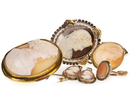 CAMEO BROOCH, carved to depict a female in profile facing right in classical drapery, unmarked, 64mm high; along with a furth