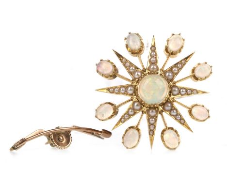 VICTORIAN OPAL AND SEED PEARL BROOCH PENDANT, in the form of a star motif, set with a large central cabochon opal 7.8mm diame