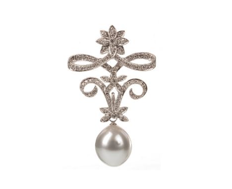 PEARL AND DIAMOND BROOCH, of openwork design, formed by looping sections and three floral motifs, set all over with diamonds 