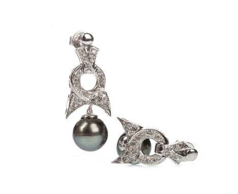 PAIR OF PEARL AND DIAMOND EARRINGS, each set with a cultured Tahitian pearl 10mm diameter, suspended from a diamond set secti