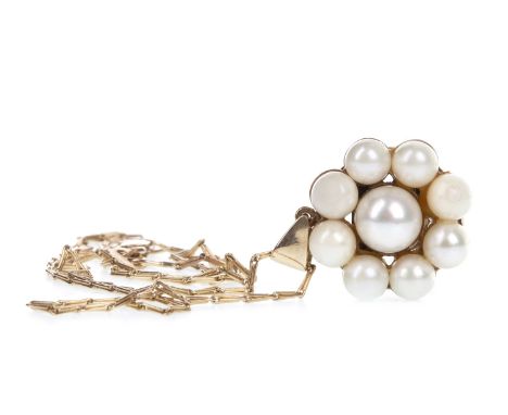 FAUX PEARL PENDANT, the spherical faux pearls in a flower cluster formation, in nine carat gold, on a nine carat gold chain, 