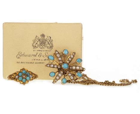 EDWARDIAN TURQUOISE AND SEED PEARL PENDANT, formed by a central turquoise with radiating seed pearl set arms alternating with