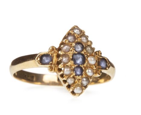VICTORIAN BLUE GEM AND PEARL RING, the marquise shaped bezel 13mm long, set with cushion and round blue gems and split seed p