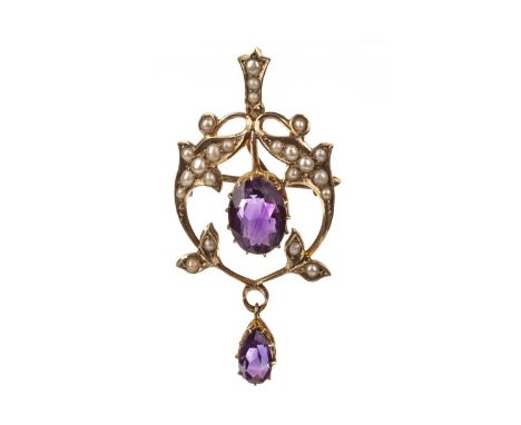 ART NOUVEAU GEM AND SEED PEARL BROOCH PENDANT, openwork, set with a central oval faceted purple gem 10mm long and a further p