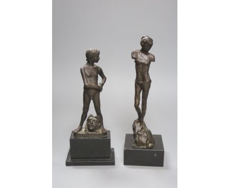   Enzo Plazzotta, Two bronze figural statues, 'Spirit of Rebellion' and another, c.1977, tallest 29cm