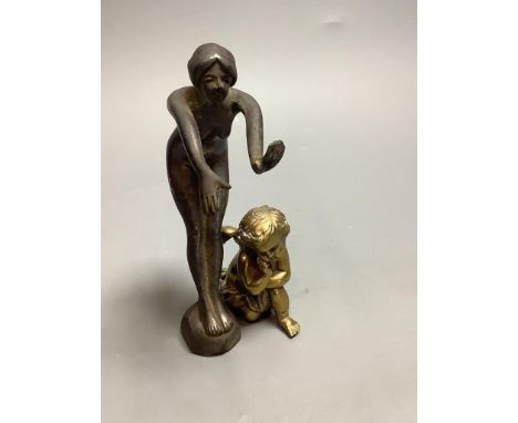   A car mascot of a lady, height 17cm, and a bronze cherub