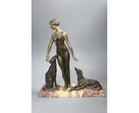   A Spelter Art Deco figure of a dog and borzoi, on a marble base, height 45cm