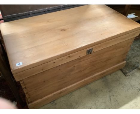   A Victorian rectangular pine trunk, width 103cm depth 56cm height 52cm