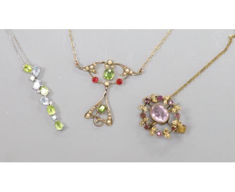   An Art Nouveau style 9ct yellow gold, peridot, pearl and ruby openwork pendant on chain and two other items,comprising a mo