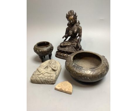   A bronze deity, height 17cm, a Chinese dragon bowl, a censer, etc.