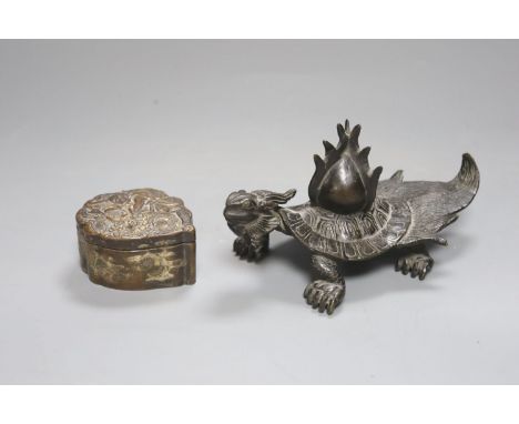   A Chinese bronze of a tortoise, length 16cm, together with a similar trinket box