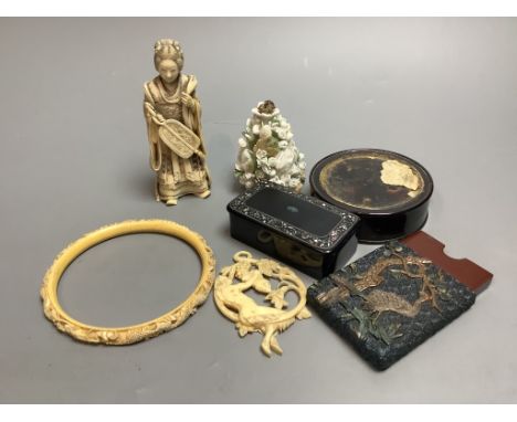   A Japanese carved ivory female figure, a circular tortoiseshell box, a carved ivory bangle and pendant late 19th/early 20th