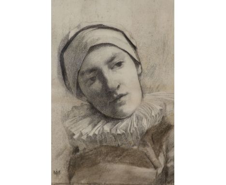  Attributed to William John Wainwright (1855-1931), charcoal drawing, Portrait of Pierrot, monogrammed, 37 x 26cm