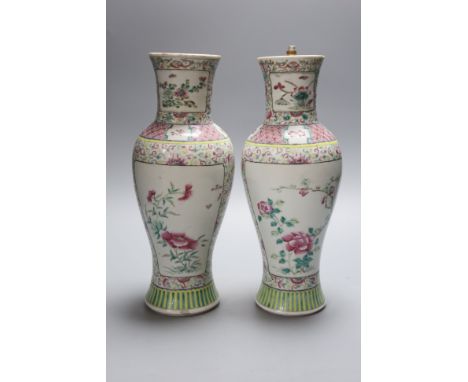   A pair of 19th century Chinese famille rose vases- ex lamp bases, height 31.5cm