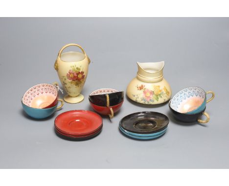   Two Royal Worcester blush pots and a set of six enamelled metal cups and saucers