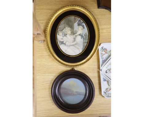   Continental School c.1900, oil on zinc, Coastal landscape, tondo, 11cm and an oval colour print after Reynolds