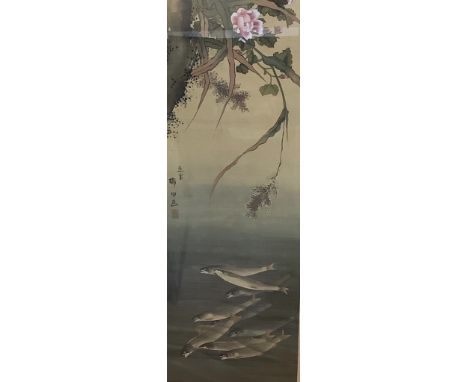   Japanese School, woodblock print, Fish swimming beneath flowering trees, 85 x 30cm