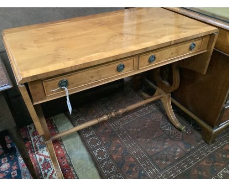   A reproduction yew wood sofa table, width 92cm depth 50cm height 73cm