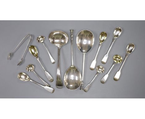   A pair of Mappin &amp; Webb silver seal top spoons, five silver mustard spoons, four salts spoons, a pair of sugar tongs (G
