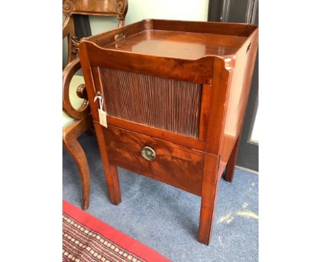   A Georgian mahogany tray-top commode, having tambour shutter on square supports, width 50cm depth 45cm height 78cm