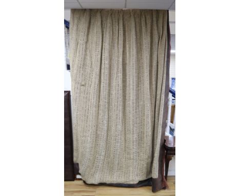 1970's hessian fabric and brown leather curtains, with Paisley fabric trimmed edges.