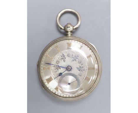   A late Victorian engine turned silver open face keywind pocket watch, by William Vogt, Glasgow,case diameter 52mm.