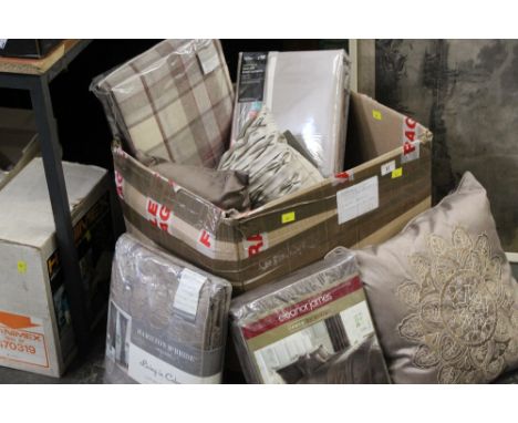 Box of king size duvet cover and matching pillows, three sets of assorted curtains (as new) and cushions