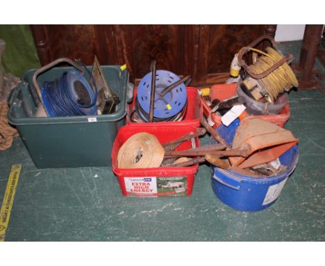 Five tubs of extension cables, tools, and other items 