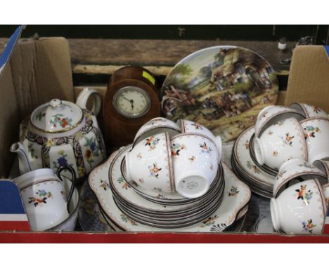 Tuscan ware part tea set, small inlaid mantle clock etc