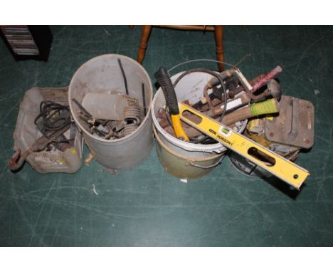 5 tubs of nails, tools and other items to include a transformer 