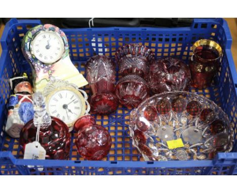 Box of red glass overlaid vases and bowl, Moorcroft style mantle clock etc.