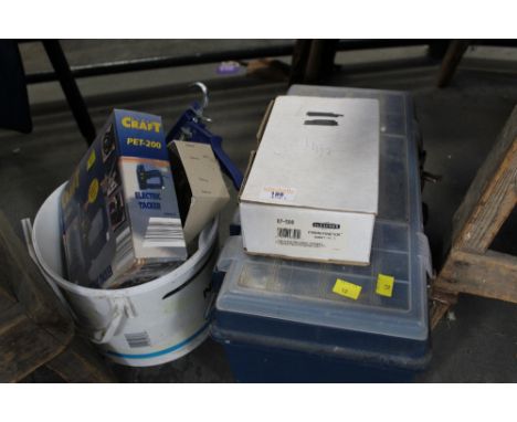 Toolbox and tools, stapler, mastic gun, hammers etc