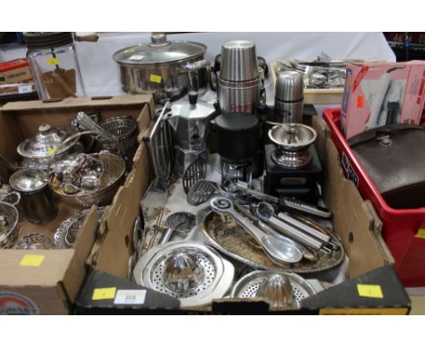 Box of kitchenware, coffee grinder, cafetiere, flasks, cutlery, lemon squeezer etc