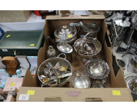 Box of silver plated ware, teapot, caddy, cigar box, spoons, Vesta case, candle snuffer etc