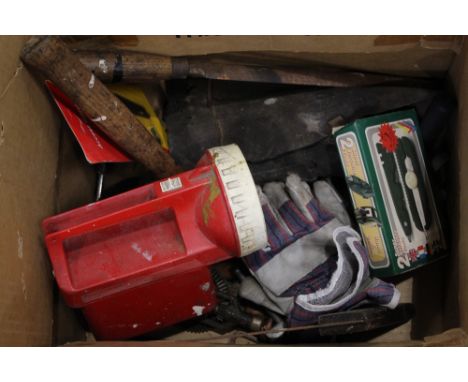 Box of hand tools, torch, gloves etc