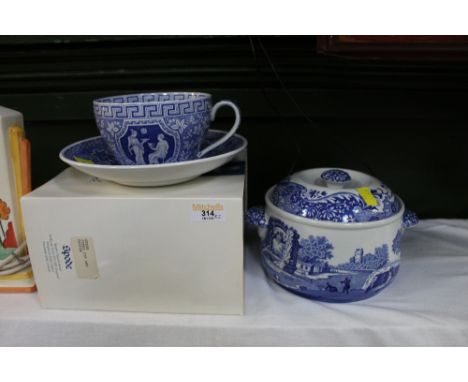 Spode jumbo cup and saucer Greek pattern and Spode Italian pattern lidded tureen