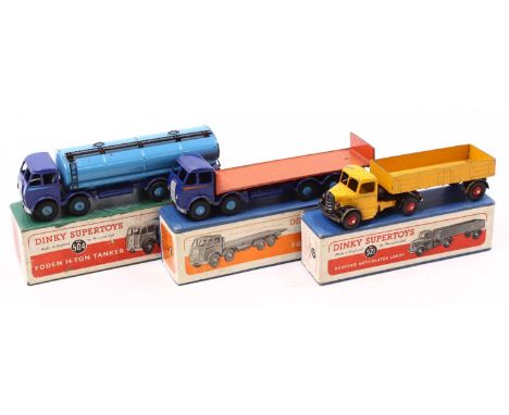 Dinky toys group of 3 boxed playworn models to include; No.521 Bedford Articulated Lorry in yellow with red ridged hubs, No.5