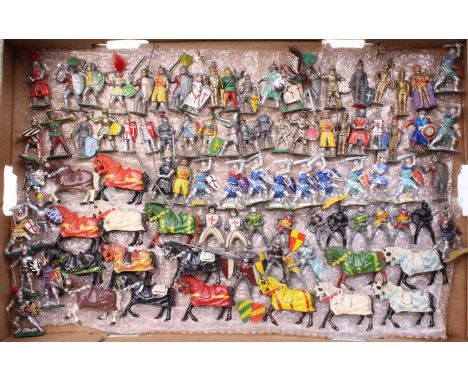 One tray containing a quantity of Britains, Sacul, Timpo, and other vintage medieval lead hollow cast miniatures to include v