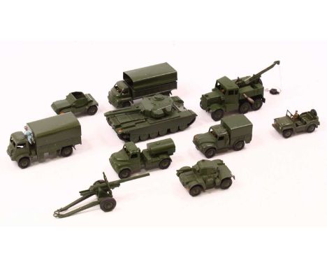 Dinky toys 10 loose and playworn diecast to include; No.661 Recovery Tractor, No.673 Scout Car, No.651 Centurion tank, No.673