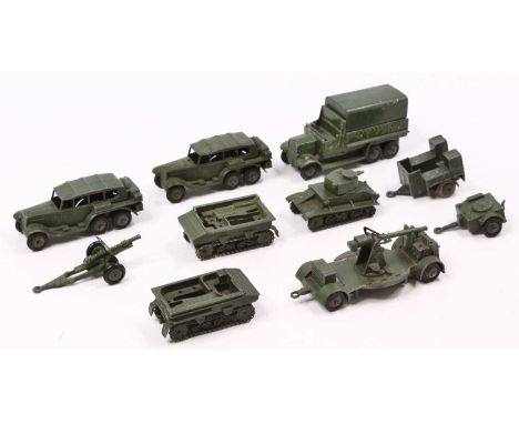 A Dinky Toys group of ten loose military models to include No. 151B 6-wheeled covered wagon truck, No. 151C Army Cooker on a 