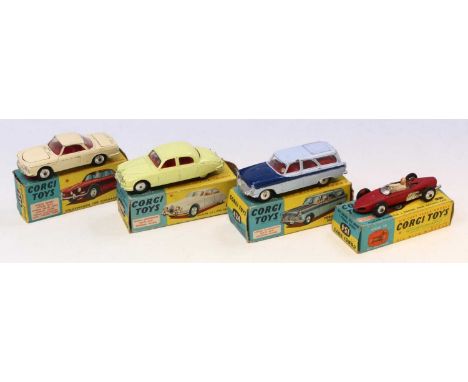 A Corgi Toys group of four boxed playworn diecast models to include No. 424 Ford Zephyr estate car in light blue and dark bod