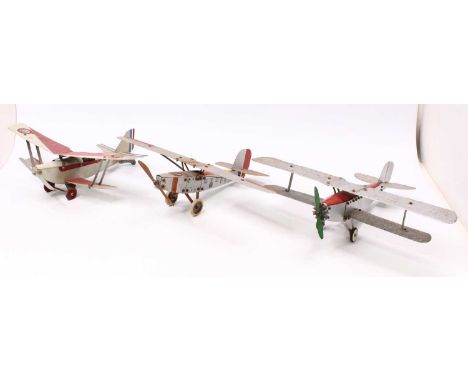 Three Meccano and other pre-built constructor aeroplanes, first being in silver &amp; red fuselage with silver wings, second 