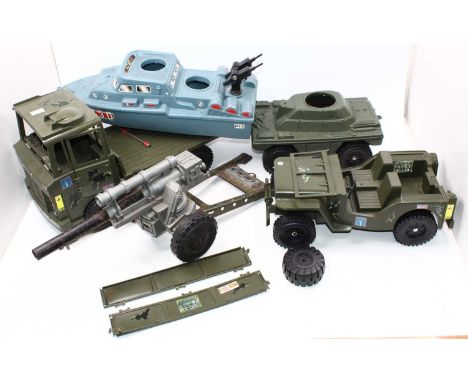 Large collection of Cherilea, Action Man and similar plastic vehicles to include Cherilea Jeep, Boat and Army Truck, together