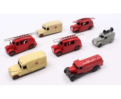 Dinky Toys Group Of Seven Emergency Vehicles To Include No34C Louder Speaker Van In Grey Body, Streamlined Fire Engine 250, D