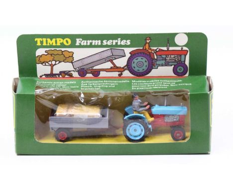 Timpo, No.171 Farm Tractor and Trailer Set, comprising of plastic blue and red tractor with driver, grey tipping trailer with