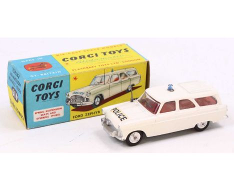 Corgi Toys No. 419 Ford Zephyr Motorway Patrol car, comprising of white body with red interior and spun hubs with blue roof l
