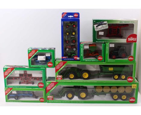 A Siku 1/32 scale boxed group of 9 farm-related models to include a No. 3460 Hanomag R45, No. 3862 Tractor with round baler, 