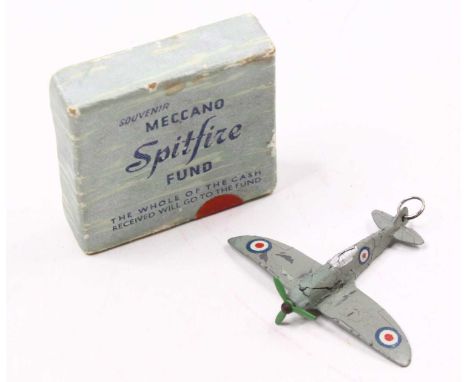 Dinky Toys, 62A Meccano Spitfire Fund Aircraft, light grey with green propeller, visible fatigue with repairs to body and und